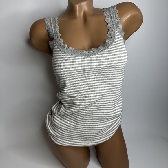 Uniqlo Gray Stripe Glittery Ribbed Lace Trim Tank Top M Y2K Coquette Cami - Picture 11 of 11
